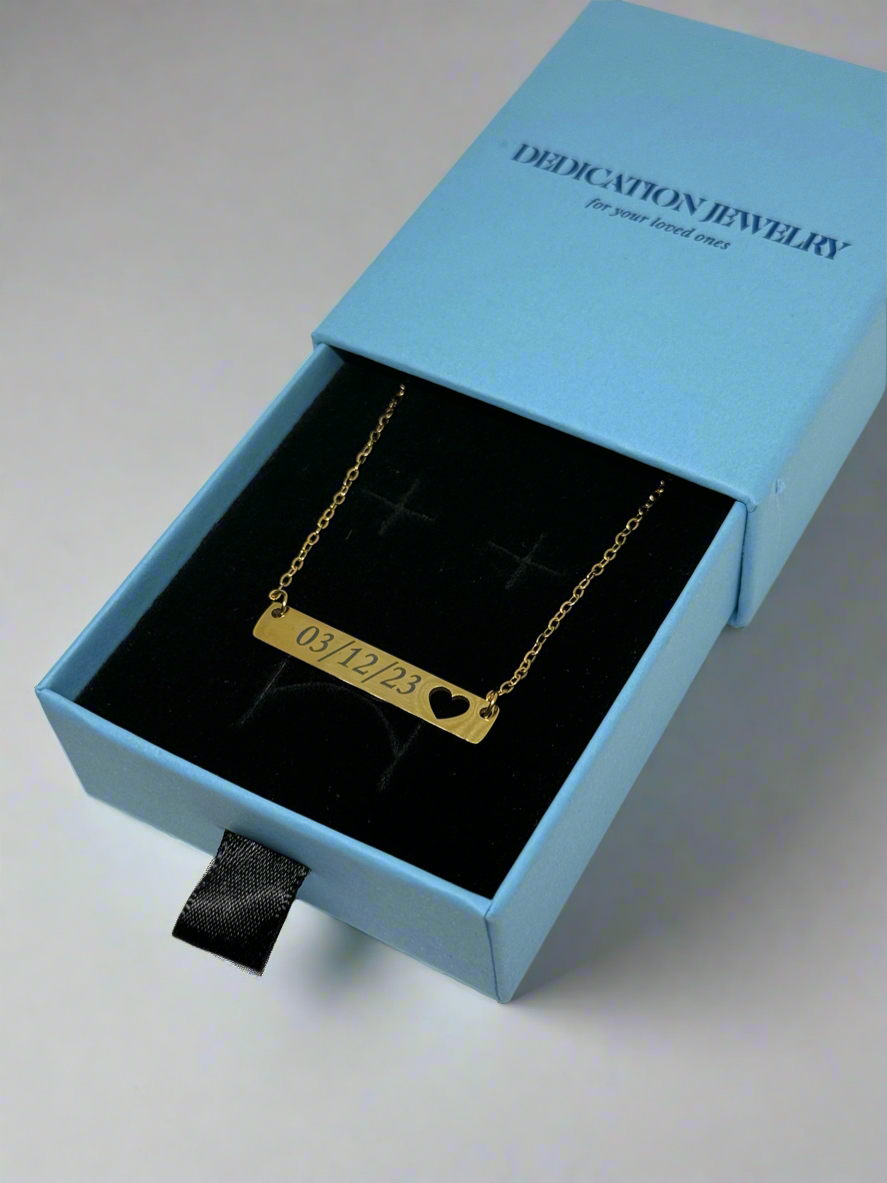 Custom gold plated heart bar necklace with gift box